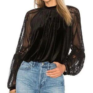 Free People Dream Team Black Velvet Lace Blouse Long Sleeves Large GUC